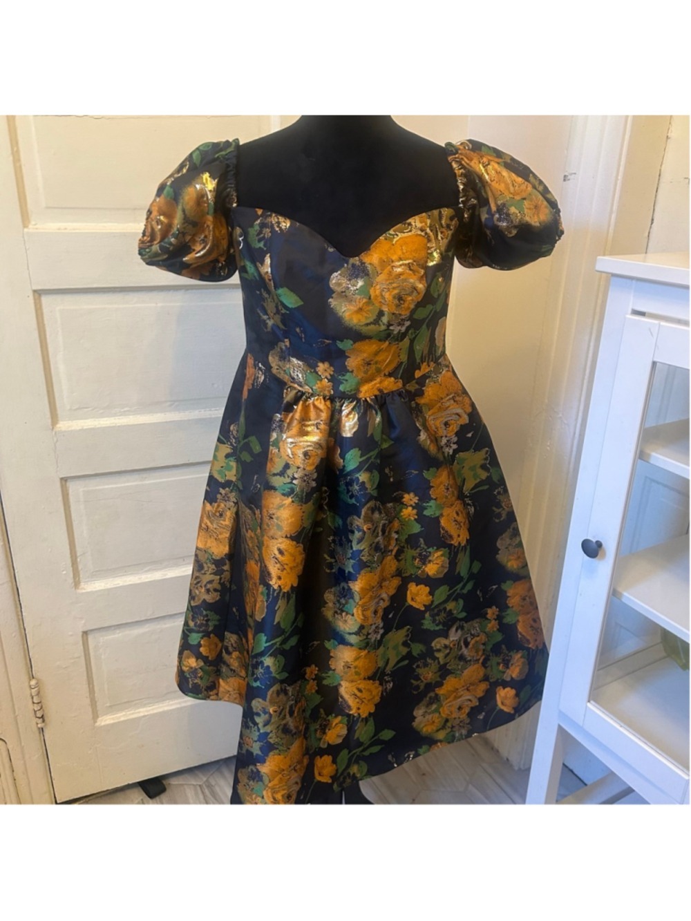 Women's DB Studio Navy Gold Floral High Low Dress Size 12 Regency Romantic - Picture 1 of 9